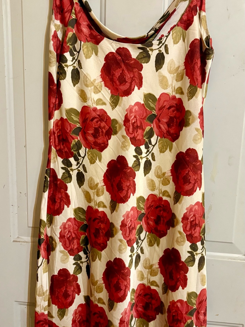 Women's Cream Floral Slip Dress with Red Rose Print